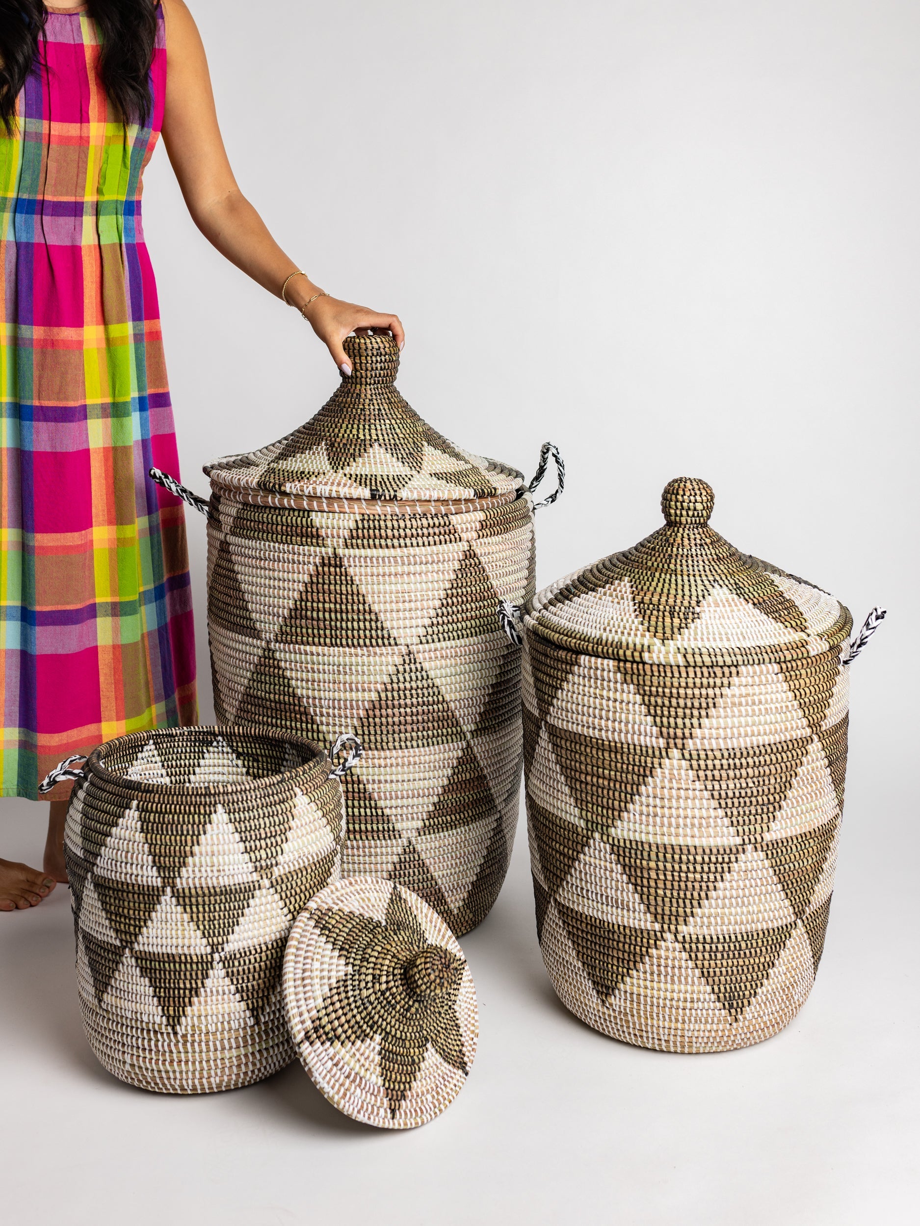 Basket - handwoven in West Africa with pattern, perfect for storage